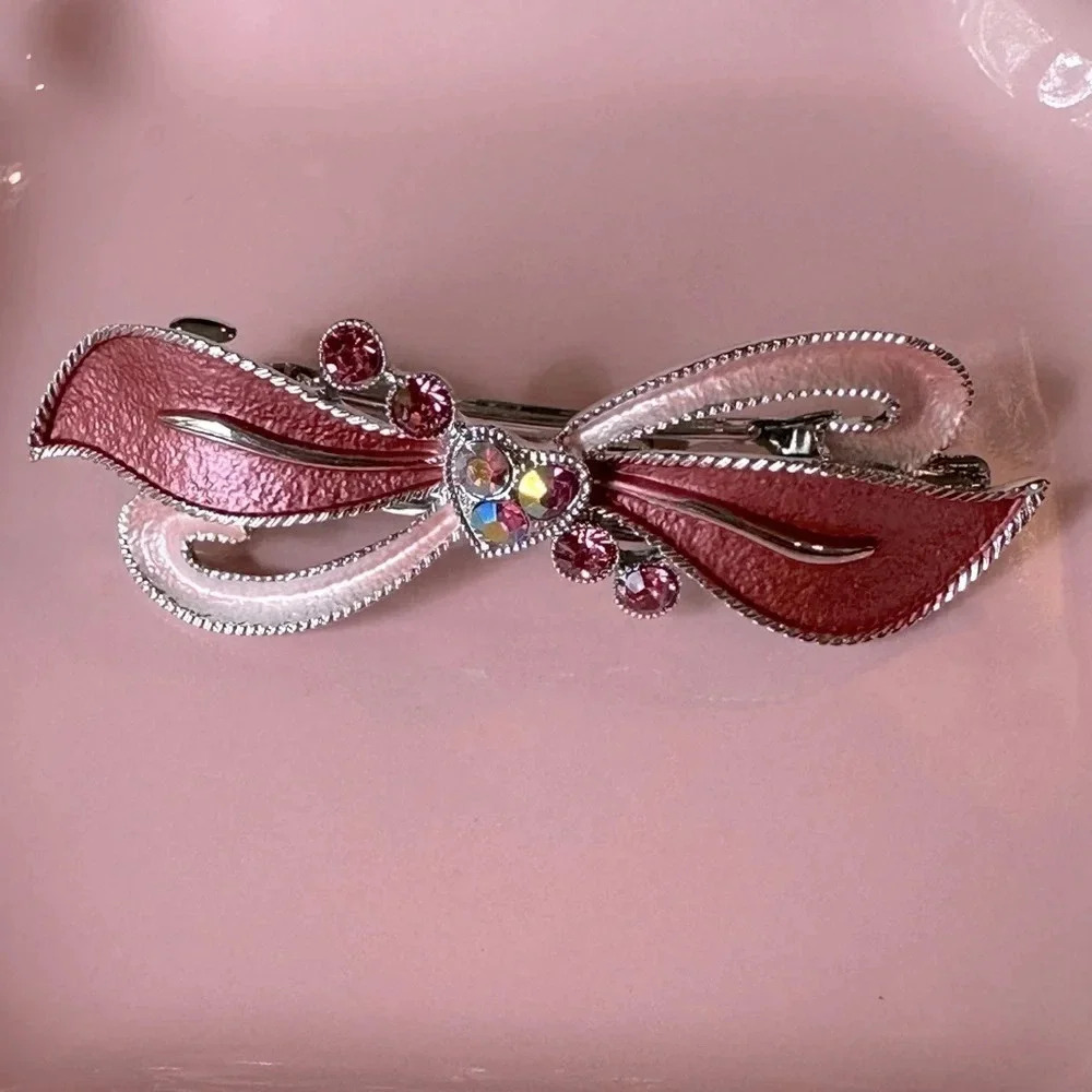 Rose Peachy Pink Enamel and Crystal Bow & Heart Hair Barrette